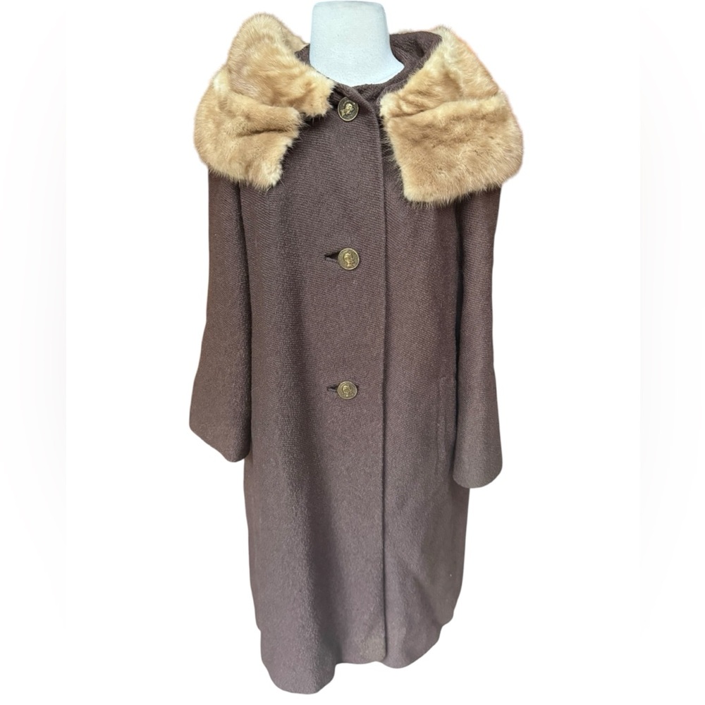 1950s/60s Berroco’s Curlinda Lined Textured Wool Boucle Swing Coat w/Mink Fur Co
